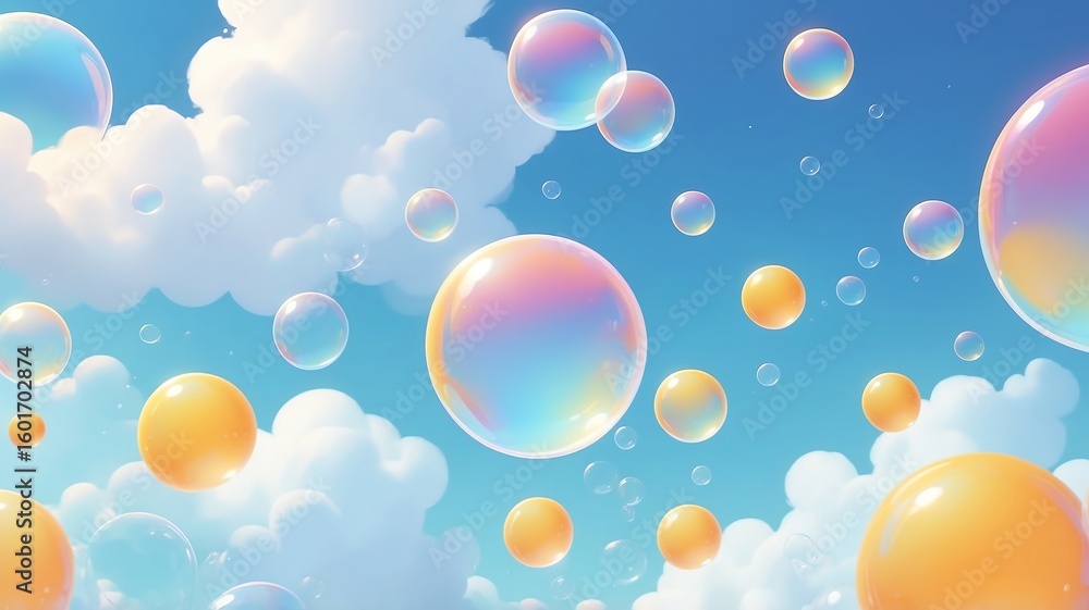 Fototapeta premium Floating Soap Bubbles in a Blue Sky with White Clouds Background