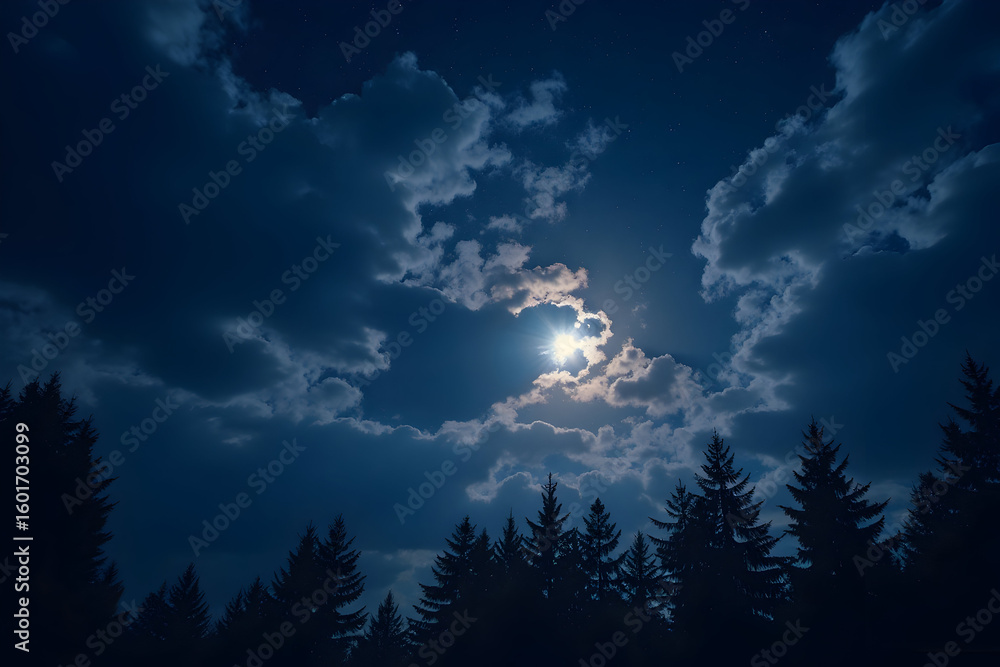 Fototapeta premium Night Sky with Moon Shining Through Clouds Over Forest