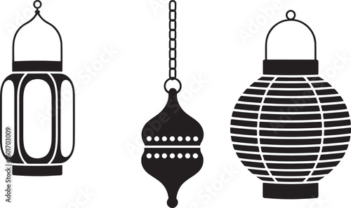 Three traditional islamic lanterns hanging in a row silhouette