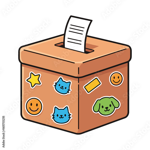 Illustration of a decorated box with stickers and a document for design and creative projects