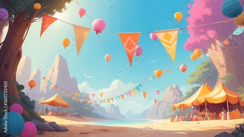 Colorful Beach Carnival Scene with Tents and Festive Decorations