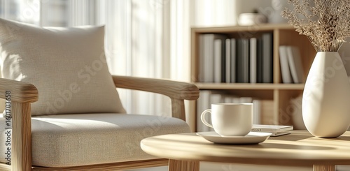 Beige living room interior with a wooden table and chair, a coffee cup on the table, and books in a white vase near the window. Close-up of a beige armchair against a blurred background. Simple home d