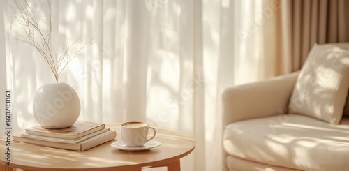 Beige living room interior with a wooden table and chair, a coffee cup on the table, and books in a white vase near the window. Close-up of a beige armchair against a blurred background. Simple home d