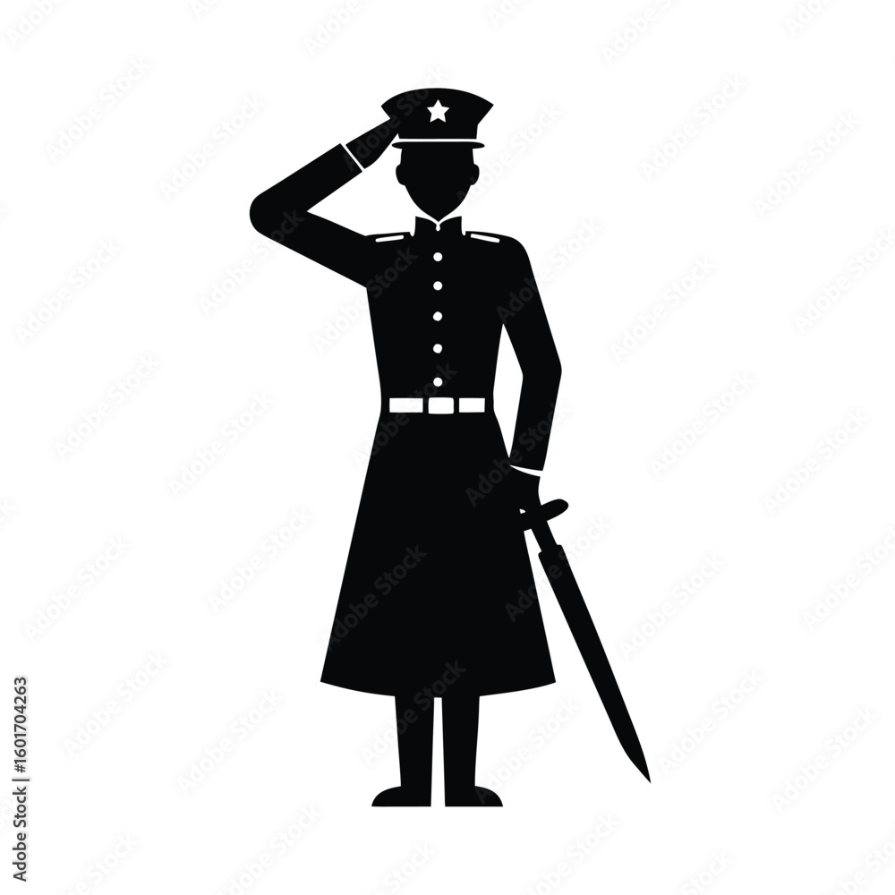 Silhouette of a united states marine in dress blues saluting with sword at his side Silhouette of a united states marine in dress blues saluting with sword at his side