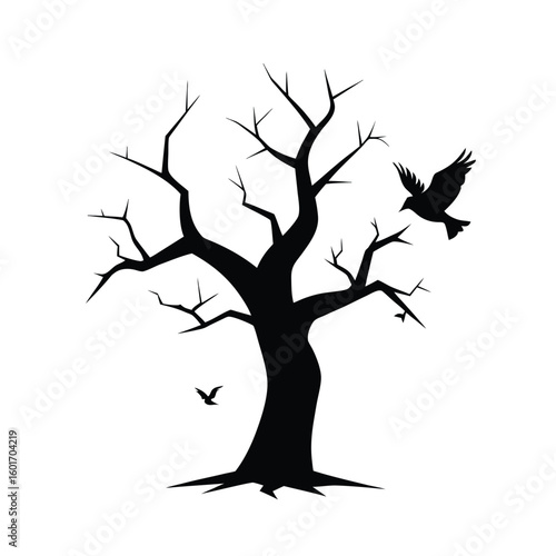 An old tree with broken limbs and a single bird taking flight against a colorful backdrop