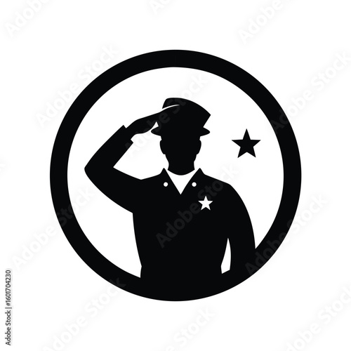 Patriotic saluting soldier silhouette emblem within a circular frame for advertising and banners