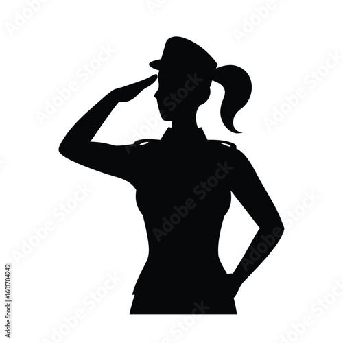 Elegant silhouette of a female soldier standing at attention with a respectful salute pose
