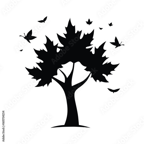 Elegant silhouette of a majestic maple tree with birds taking flight against a vibrant sky