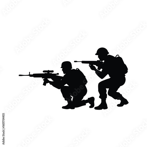 Dynamic silhouettes of elite military unit in tactical gear in a crouching combat stance