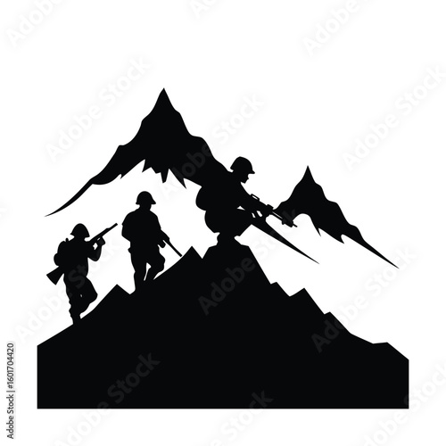 Dynamic silhouettes of military troops patrolling a rugged mountain ridge under a clear sky