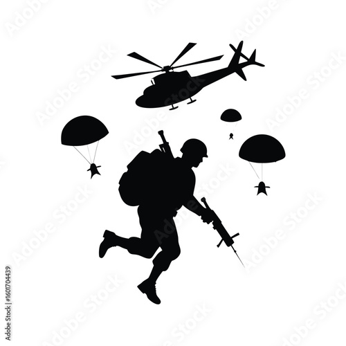 Silhouette of a soldier bravely parachuting from a military helicopter against a clear sky
