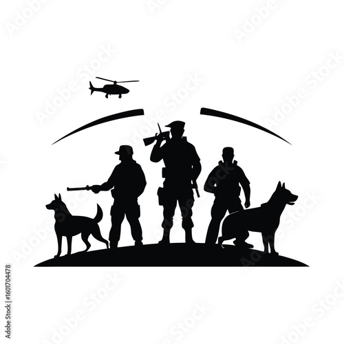Military personnel with dogs and rifles ready for action in a dynamic banner advertisement design
