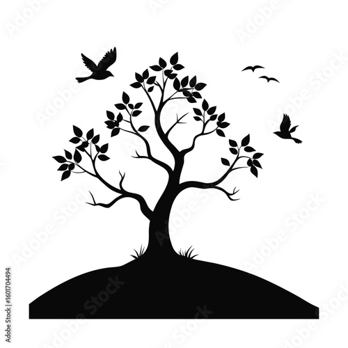 A stylized vector illustration of a lone tree situated on a gentle hill with two birds gracefully soaring through the sky