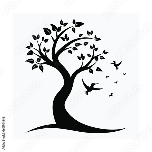 Artistic illustration of a tree with branches curving sideways adorned with scattered birds in a vibrant natural setting