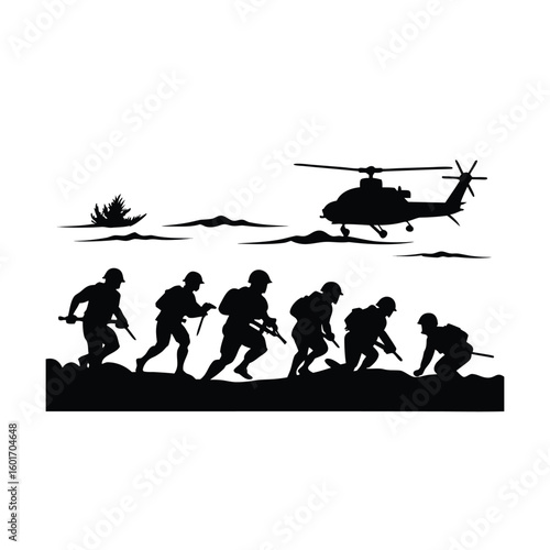 Dynamic black silhouettes of military marines courageously storming a sandy beach during an amphibious assault operation