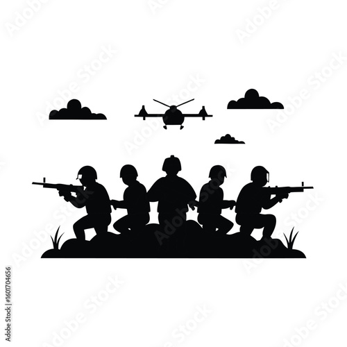 Illustration of five soldiers in defensive positions with a machine gun suitable for military or historical themes