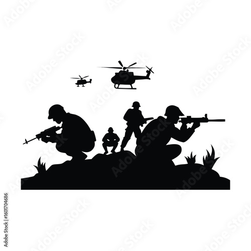 Illustration of soldiers in a combat zone seeking protection behind destroyed structures and debris during a conflict