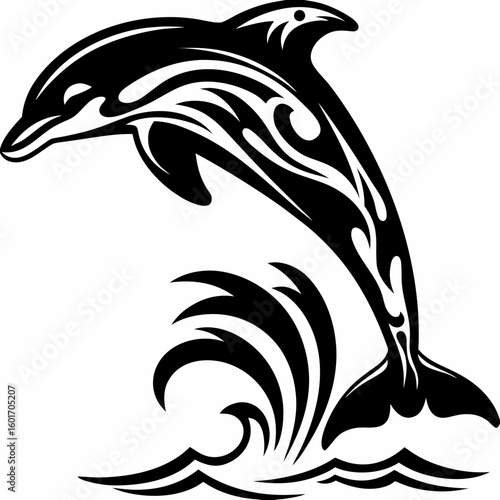 Stylized black and white dolphin jumping out of water with tribal design on its body in vector art created with generated ai