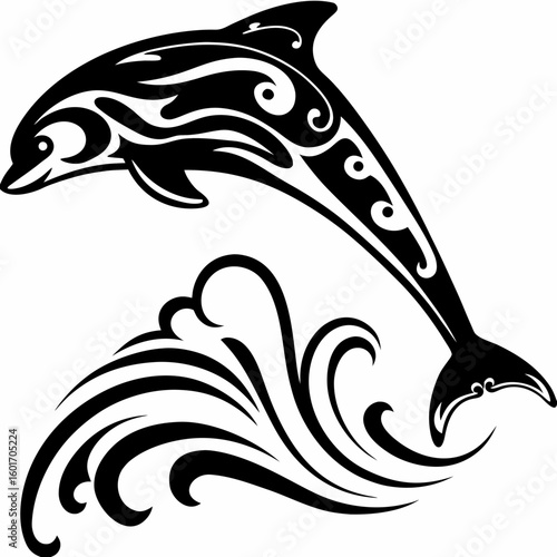 A black and white illustration of a dolphin jumping out of water with decorative tribal patterns design art created with generated ai