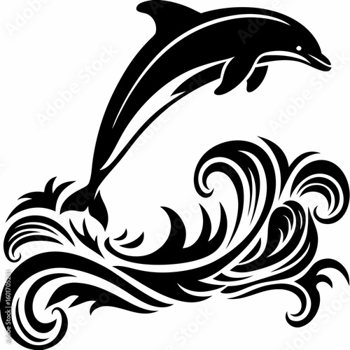 A stylized black and white illustration of a dolphin jumping over abstract waves design element created with generated ai