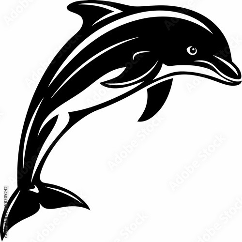 A black and white vector image of a dolphin leaping upwards with stylized line work and a visible eye created with generated ai