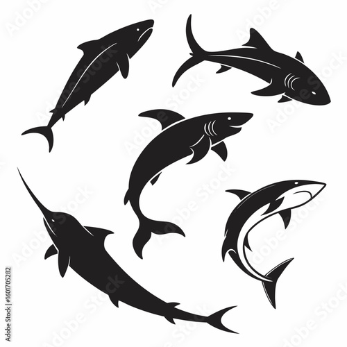 Illustration showing a collection of five diverse black silhouettes of sharks and a swordfish on white created with generated ai