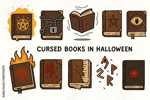 Cursed Halloween Books Flat Vector Icons Set, Spooky Magical Book Illustrations
