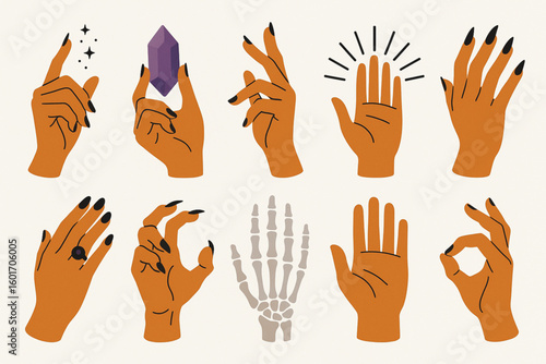 Magical Halloween Hand Gestures Flat Vector Icons, Spooky Mystic Hand Illustrations