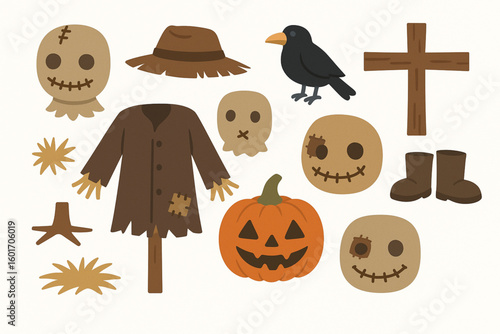 Halloween Scarecrow Elements Flat Vector Set, Spooky Autumn Character Illustrations