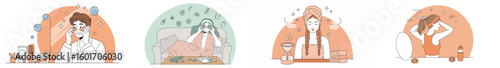 Four-panel illustration of a woman in introspective moments with abstract geometric patterns