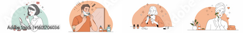 Four-panel illustration of individuals engaged in personal grooming routines