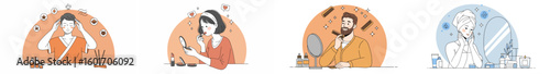 Illustration of four personal grooming routines in semi-circular frames with warm and cool tones