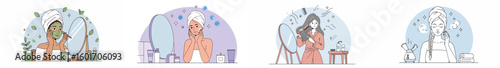 Semi-circular illustration of four women engaged in self-care routines in a bathroom setting