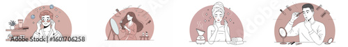 Four-panel illustration of a personal care routine with women and a man performing grooming activities
