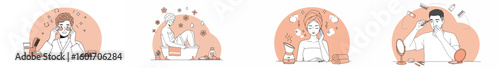 Four-panel illustration of personal grooming routines with warm gradient background