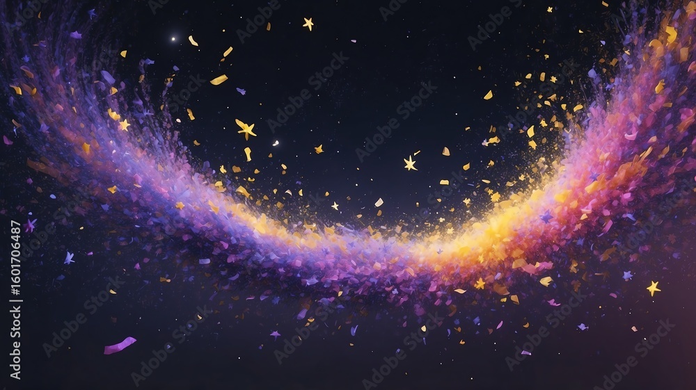 Obraz premium Celebrating with Festive Confetti and Colorful Light Streamers on Dark Background