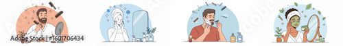 Illustration of four panels showing personal grooming and self-care routines