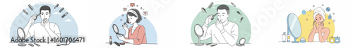 Multi-panel illustration of four people engaged in skincare routines with pastel gradient background