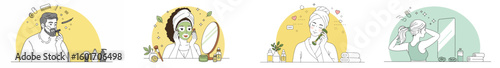 Illustration of four people engaged in personal grooming routines in pastel colors