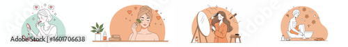Illustration of four women engaged in beauty and self-care routines in a segmented composition