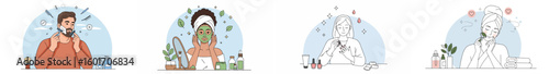 Multi-panel illustration of personal care routines with grooming products and plants