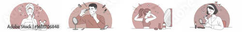 Four-panel illustration of people engaged in personal grooming and self-care routines