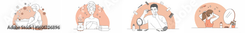 Four-panel illustration of personal care and grooming scenes with peach, light orange, and beige color palette