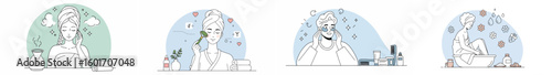 Four-panel illustration of personal care and beauty routine with pastel backgrounds