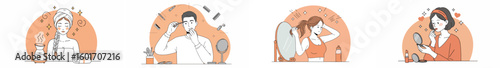 Four-panel illustration of personal care and beauty routines with orange arches and earthy color palette