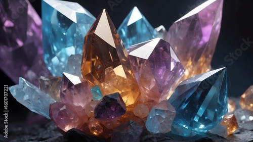 Wallpaper Mural Colorful Crystal Cluster Displaying Healing Properties on Dark Stone Surface Torontodigital.ca