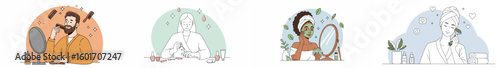 Four-panel illustration of diverse individuals engaged in personal care routines with pastel backgrounds