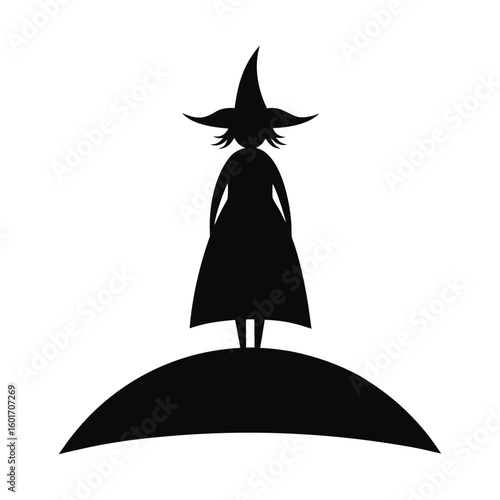 Witch silhouette standing alone on hilltop vector illustration.