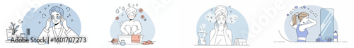 Illustration of four women engaged in personal care routines with pastel color palette