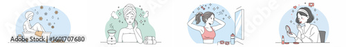 Illustration of four women engaging in self-care activities, including bathing, drinking tea, exercising, and applying makeup